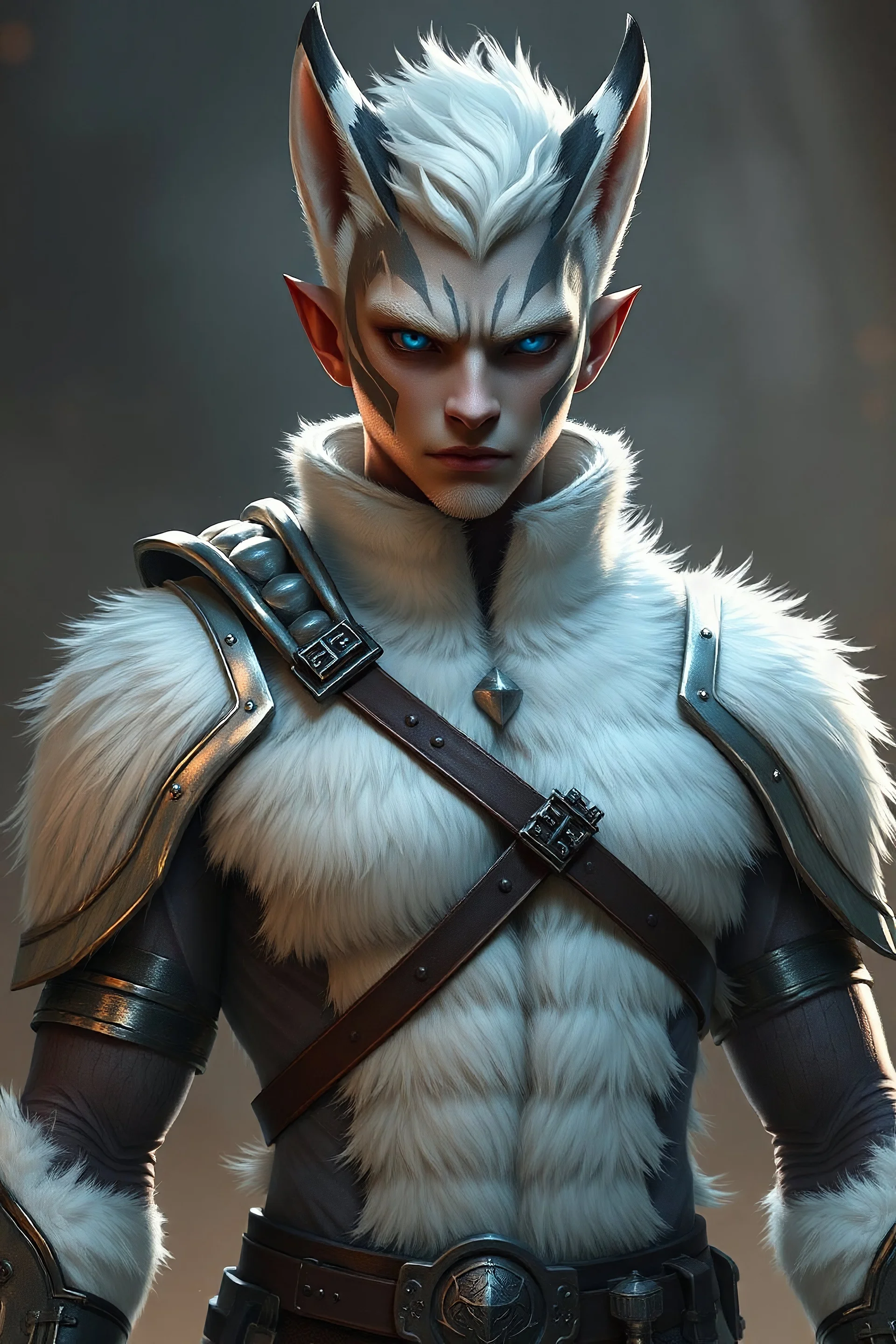 full body picture of a fierce Tabaxi bad boy male character from D&D, he young 20s, he has white short hair, blue eyes, he has pure white fur covering his body, runners build, he is wearing medium metal armor ultra HD, realistic, vivid colors, highly detailed,