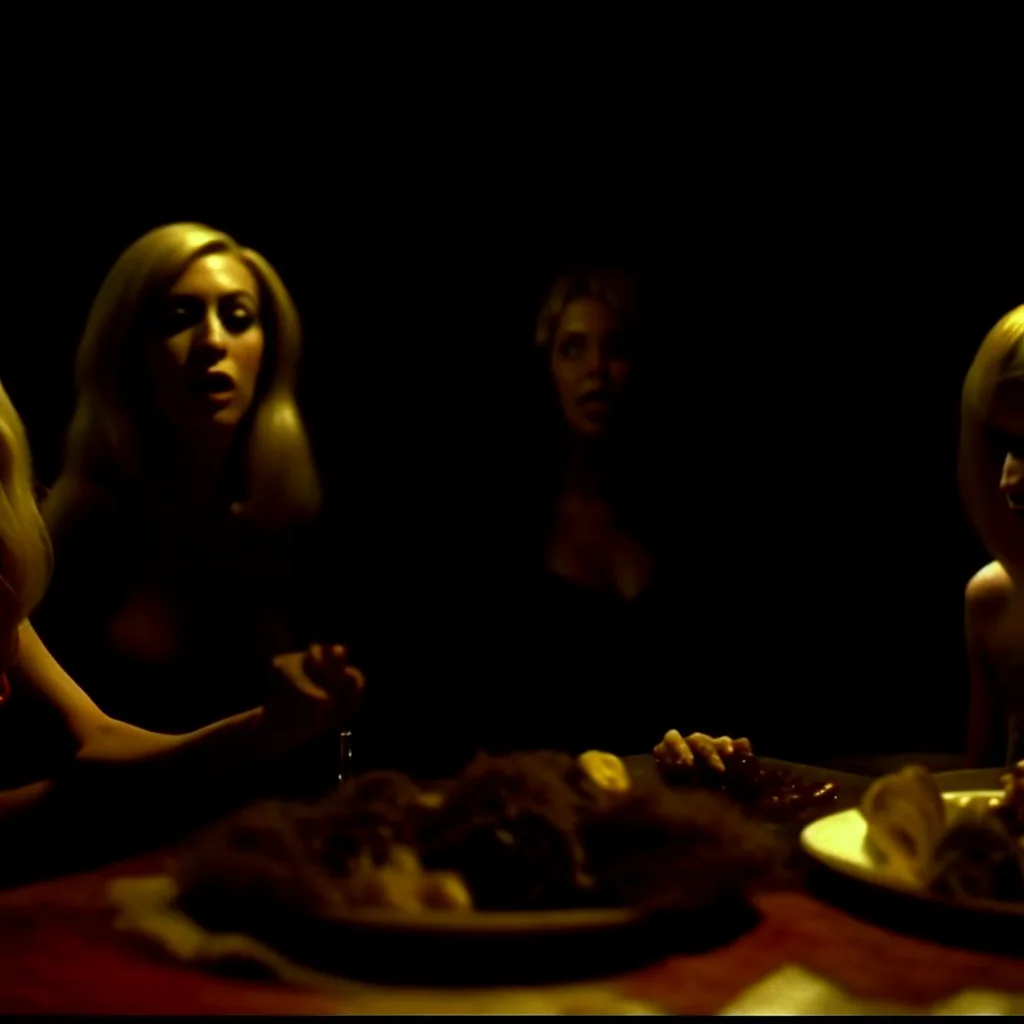 Horror movie shot, spooky, hot, ultra realistic hot dine, ultra realistic hot blonde women, party, pieces of meat, organs, ail, dynamic, very excited people, hypermaximalist figures, light, 1970's Italian horror movie, sinister,, Dario Argento, Stanley Kubrik, ornate, 4k, photorealism