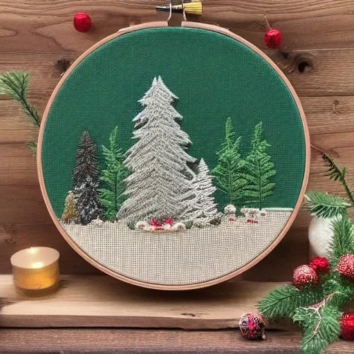 exquisite whimsical christmas forest in embroidery hoop, intricate, highly detailed, linen and wood backdrop