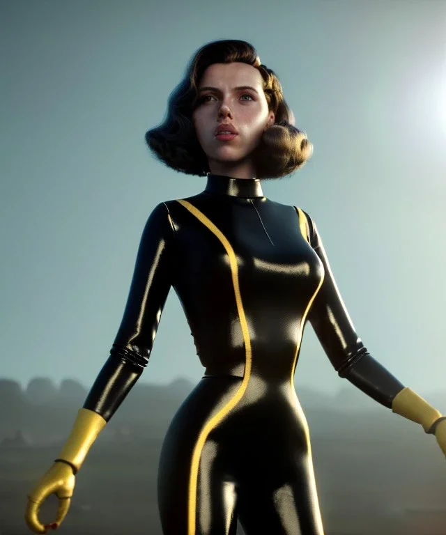 retro sci-fi portrait image from 1960, supermarket parking explosion, young Scarlett Johansson, classic black tight lycra latex suit, gold bracelet and belt, soft color, highly detailed, unreal engine 5, ray tracing, RTX, lumen lighting, ultra detail, volumetric lighting, 3d, finely drawn, high definition, high resolution.