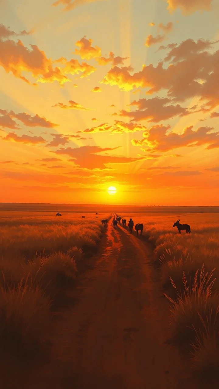 dirt path with sunset in the prairies, old western, painting based on grainy photo, orange brown tones