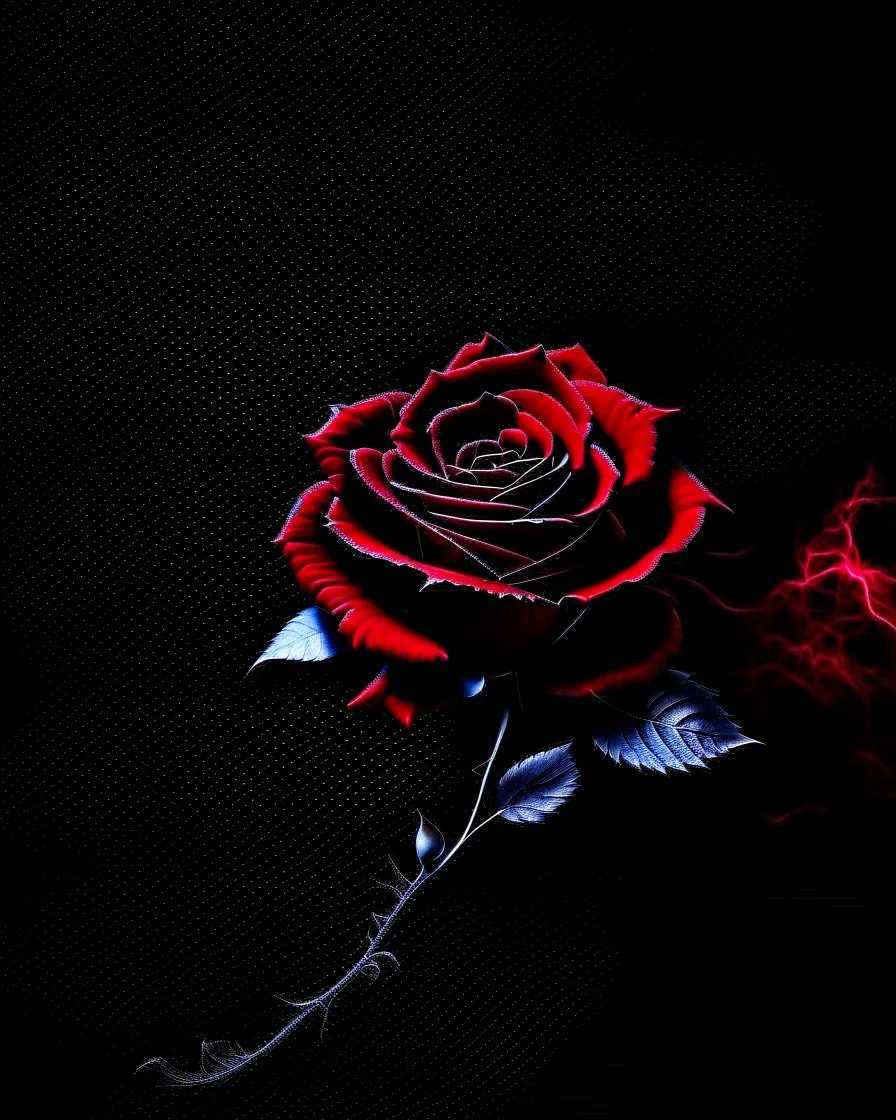 Deep red rose, black background, linear shapes