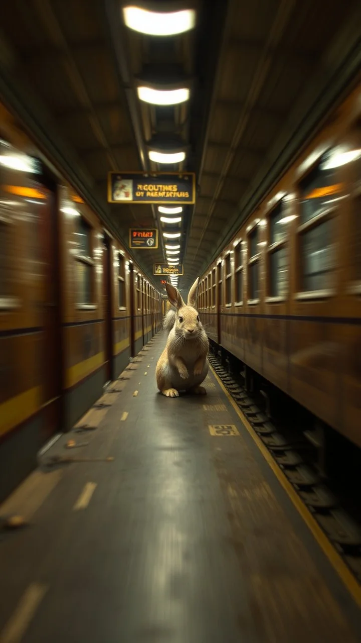 rabbit train in the style of Rembrandt and Fallout 4, with motion blur