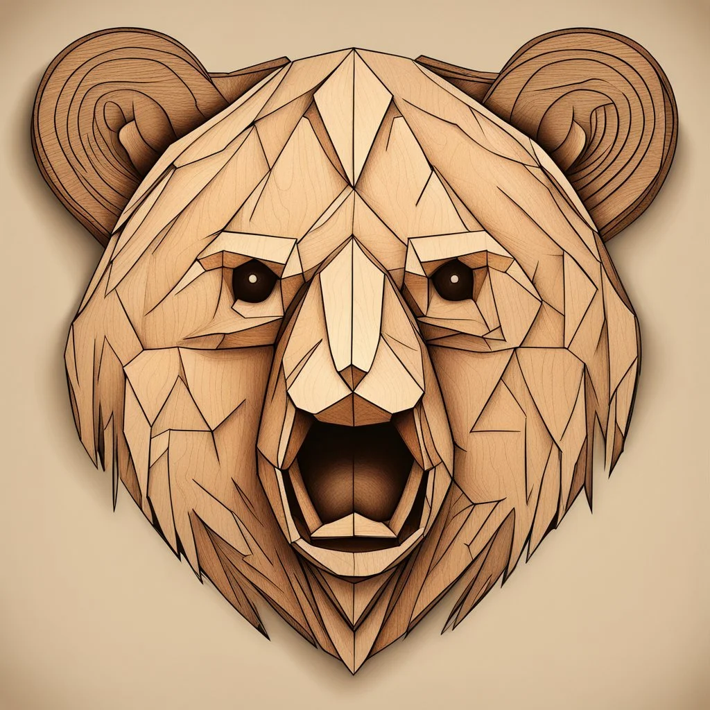 combine textured wood with stylized shape of a bear head, graphic style, minimalistic, clean