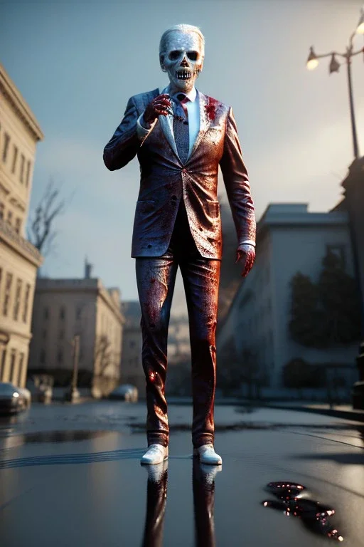 Ultra realistic image, joe biden zombie, zombie performance, suit, skull, blood, torn arm, night, walking twisted, waist up view, thriller style, dark ambient, highly detailed, White House background, concept art, unreal engine 5, god rays, ray tracing, RTX, focal lighting, ultra detail, volumetric lighting, 3d, finely drawn, high definition, high resolution.