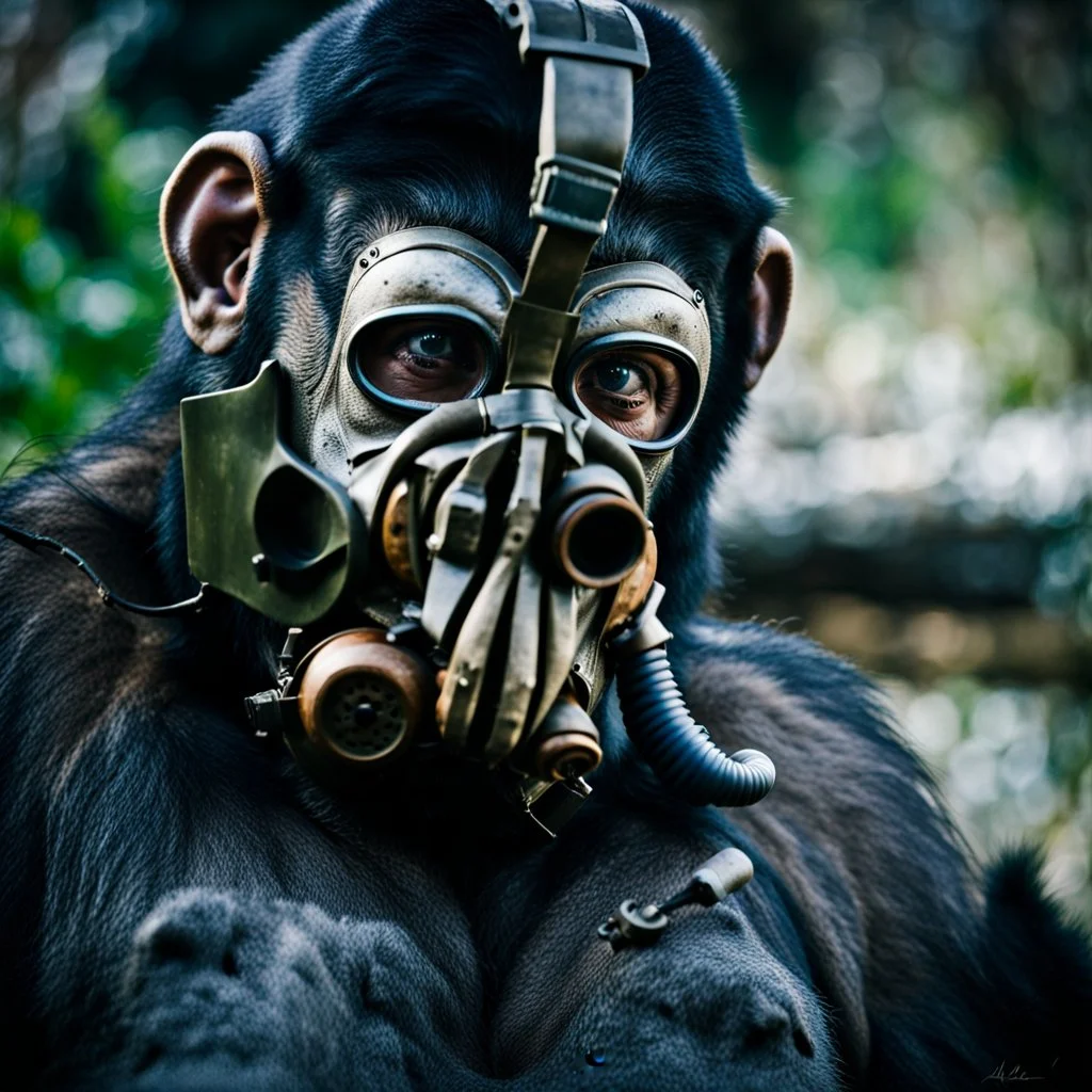 Nature photography, Cyborg Ape, breathing device, gas mask, respirator Christopher Nolan, Dystopian, Extreme depth of field, bokeh blur, Alberta, all-natural, in the style of candid, imperfection, natural lighting, Fuji Film, Anamorphic lens