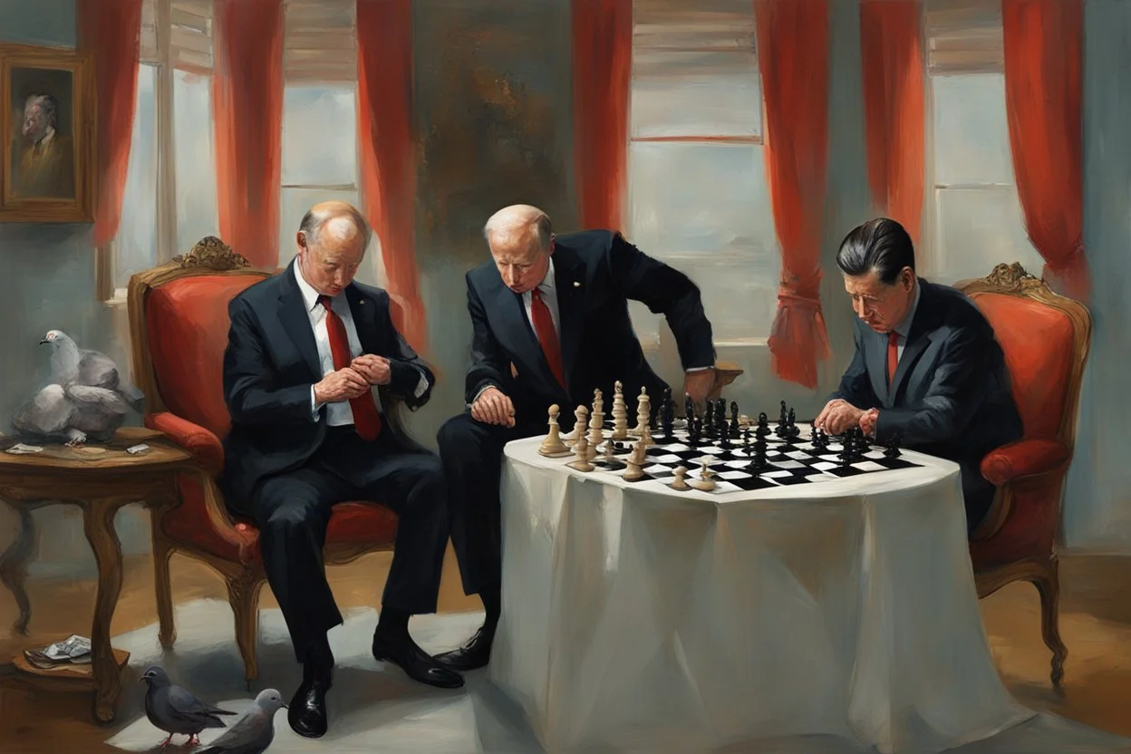 Putin, President Xi Of China And Joe Biden Play Chess With A Pigeon,Ufo And Atomic Bomb Mushroom Cloud,Complex Surgical Instruments Intermixed With A Newborn Boy,Minimalism,Painting By Adrian Ghenie,Rene Magritte,Pablo Picasso,Michelangelo,Salvador Dali,Lucian Freud