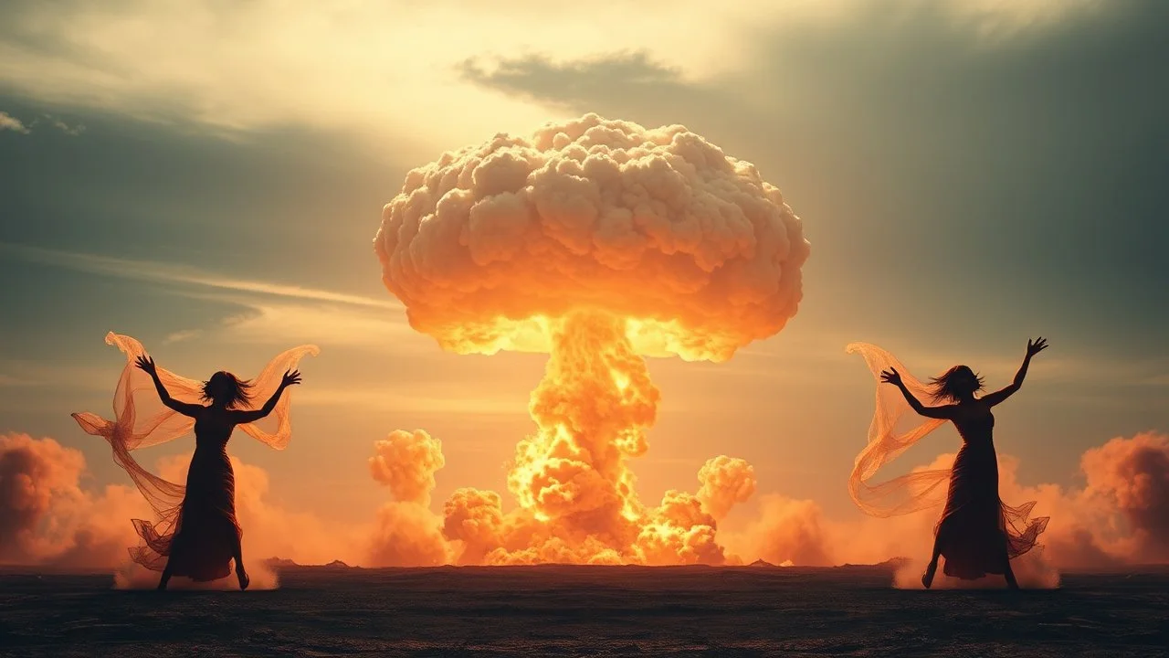 a nuclear explosion cloud(middle), the wind and smoke from the explosion forming shapes of dancing women(left and right sides), worship