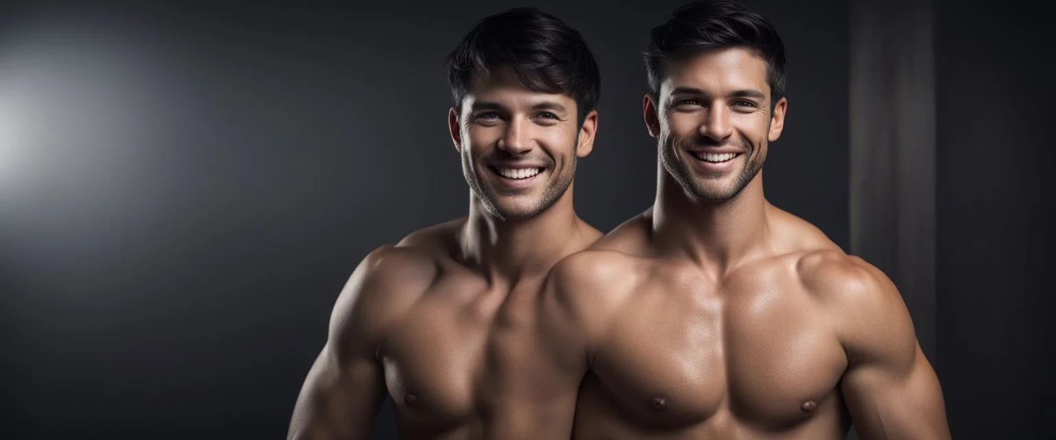 Hyper realistic Extremely Handsome shirtless with short black hair muscular man smiling standing in a black towel in a dark room