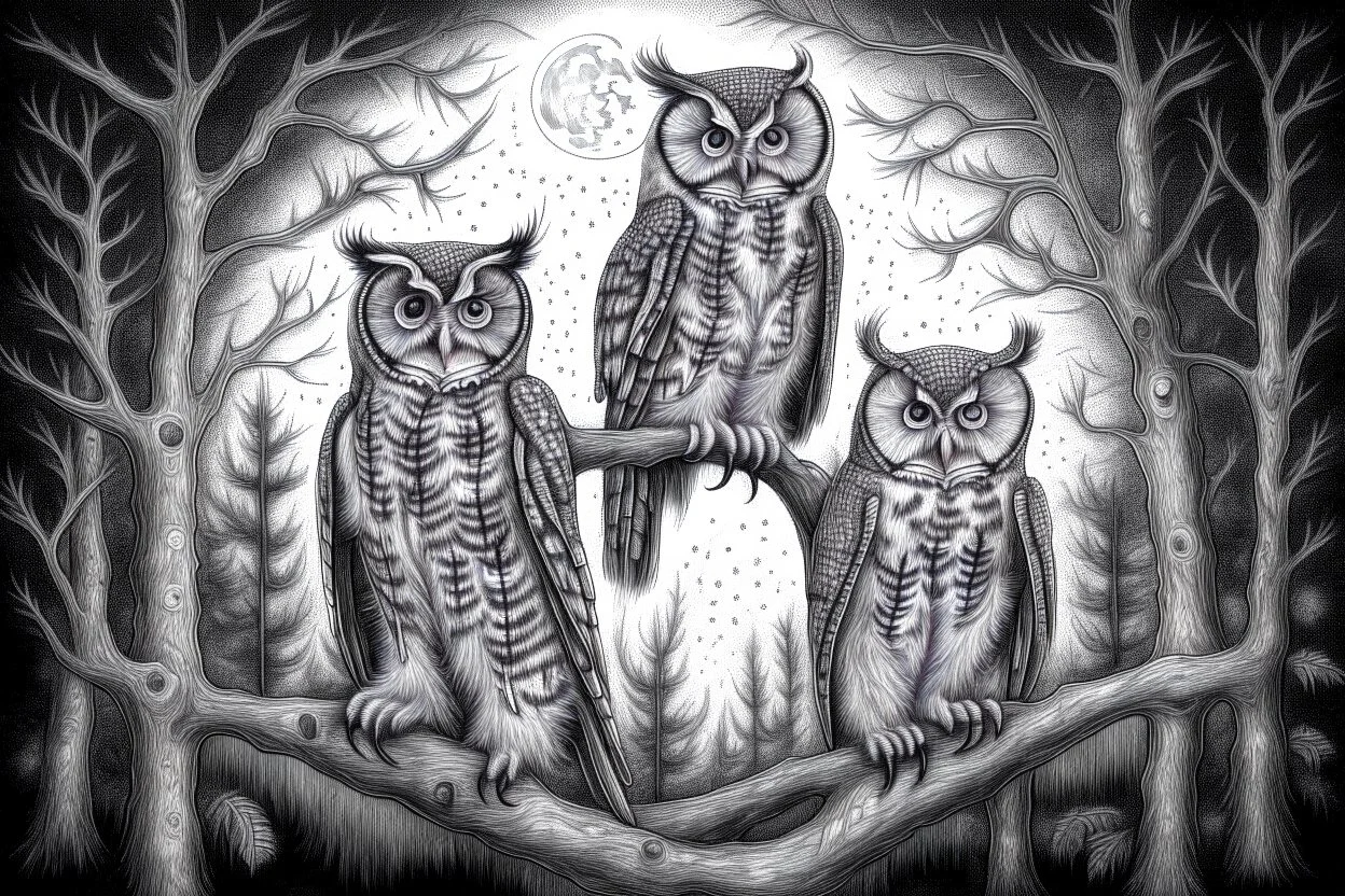 Above, high in the trees, the moonlight reveals a silent flight of owls. These mysterious creatures are the rulers of the night.- Pencil drawing, realistic, graphite