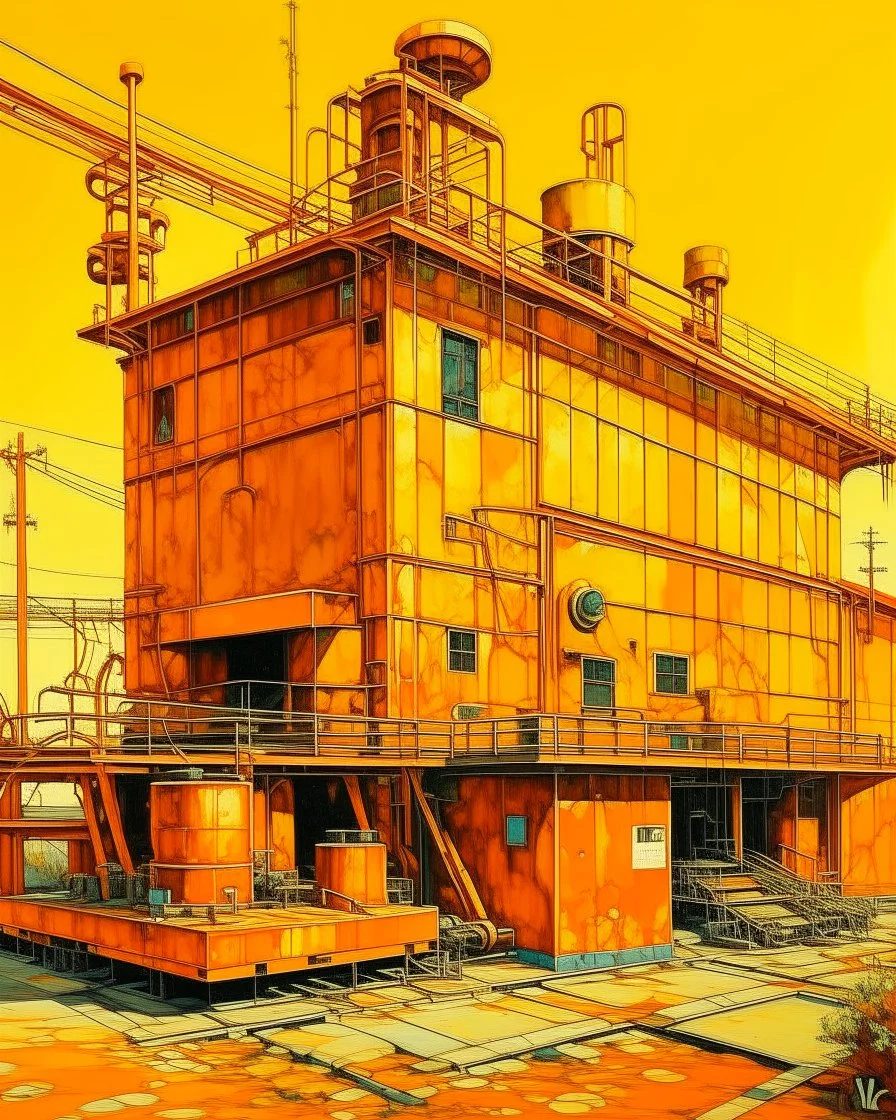An orange colored mechanical factory with arrows painted by Vincent van Gogh