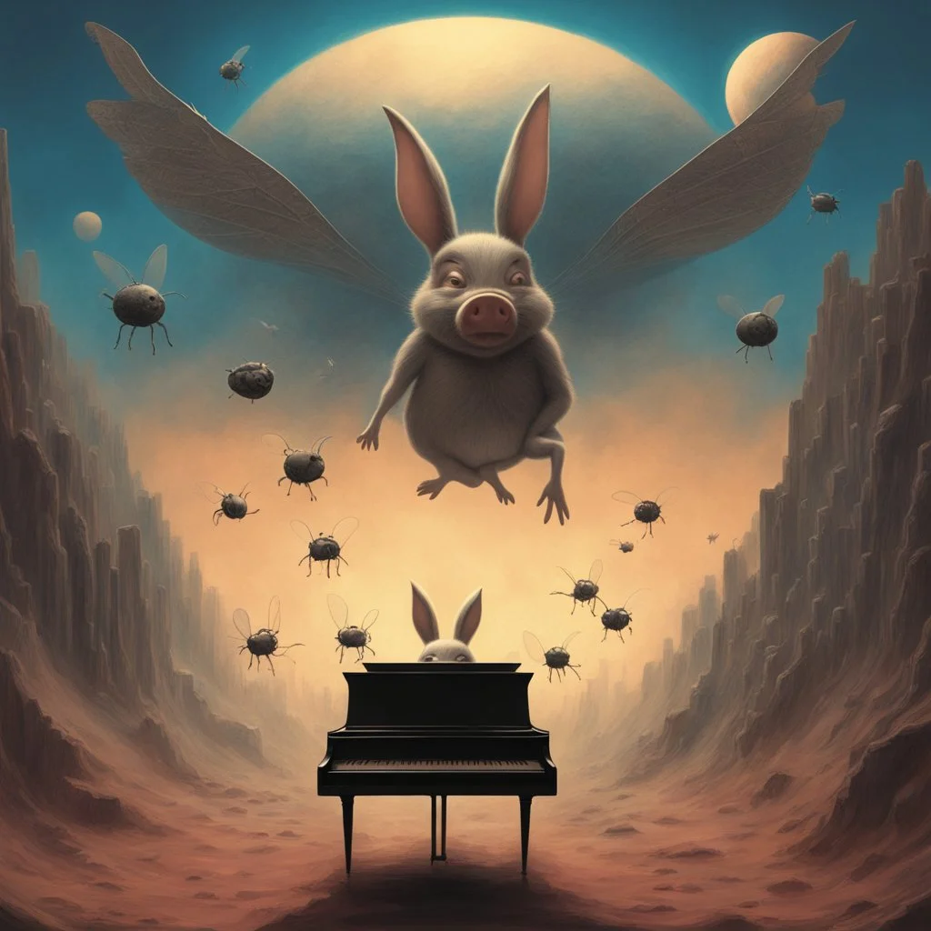 monochromatic black and white bugs bunny composer piano, diffrent planet, one swine pig piggy flying wasp angel, beksinski style daker theme dark black dark black monochromatic