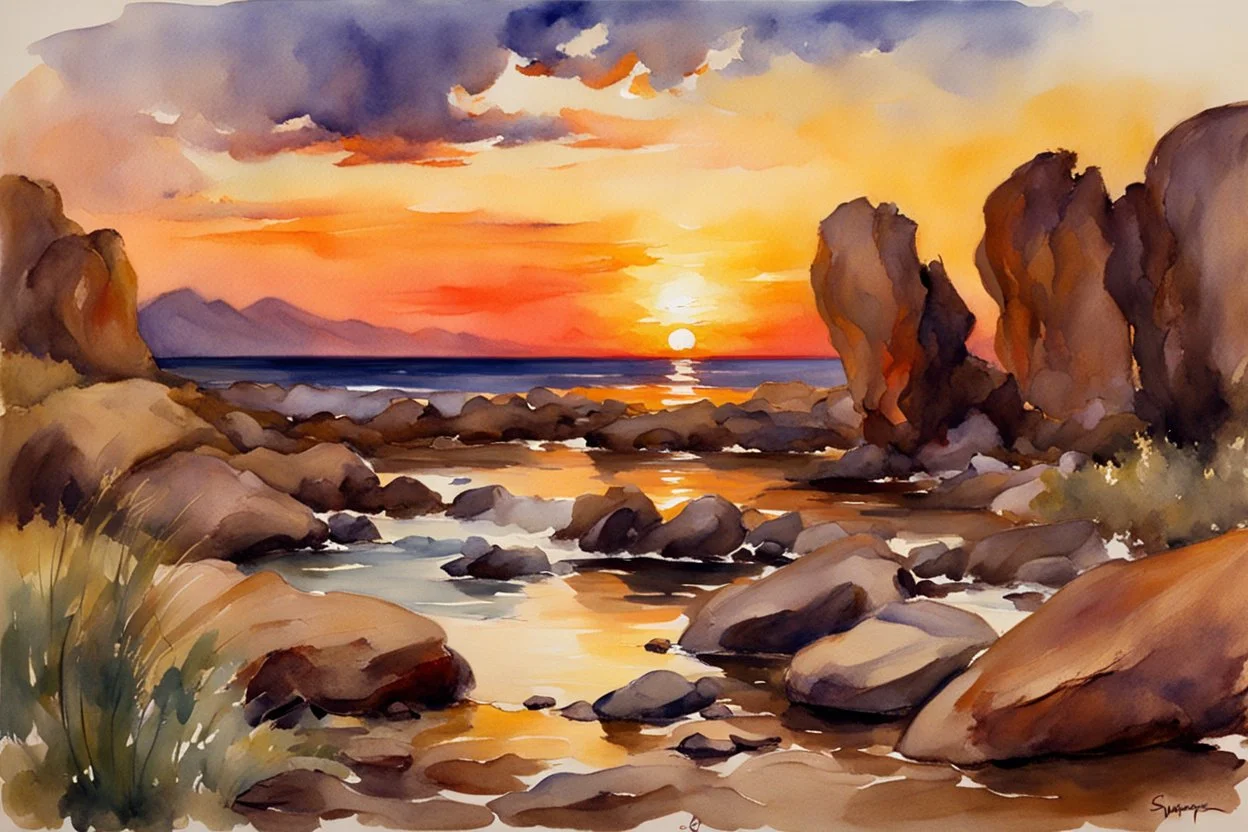 Sunset, rocks, mountains, rocky land, epic, john singer sargent watercolor paintings