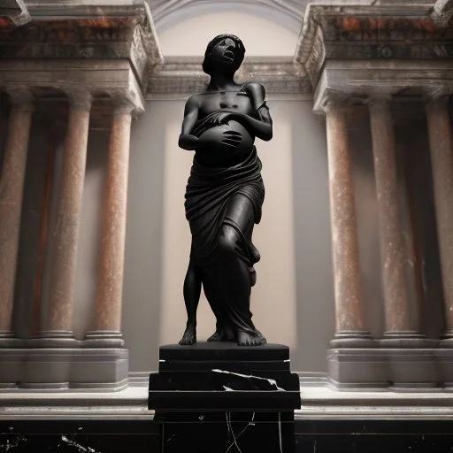 A large black marble statue of a woman holding a baby in her arms, standing among the remains of fallen columns of a Corinthian temple, a very detailed sculpture