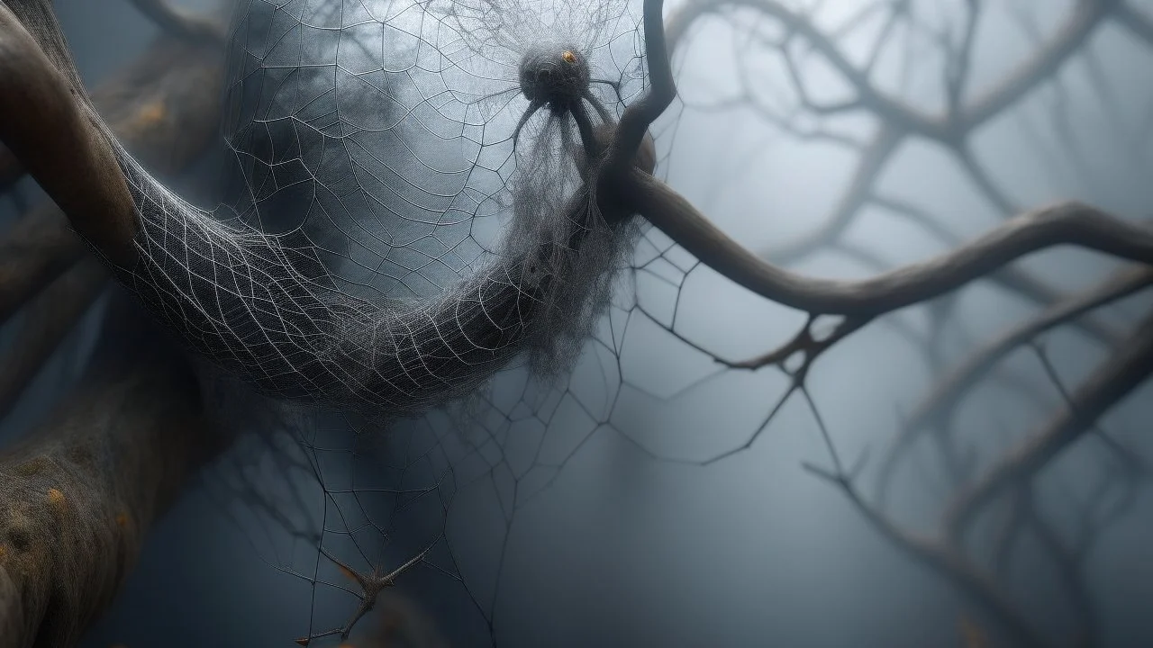 Multiple entanglements, in the form of a spider web, between a twisted thin piece of cloth as part of many twisted branches disappearing into the distant mist, epic photo, sharp on many details and high contrast, photorealistic, 4K, 3D, realism, hyperrealism, detail, good lighting , detailed texture, modern photography style, 3D, 4D, 4K --2:3