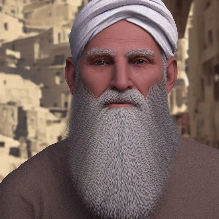 An old man with a long beard old Arabic and white Turkish turban feature ray tracing 4k realistic