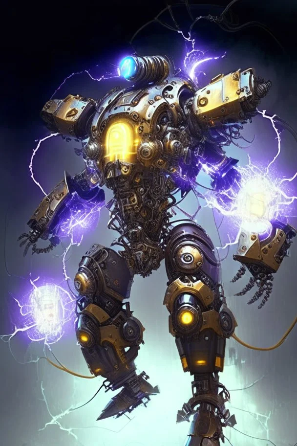 mechanical robot exosuit make electricity lightning coming from it, steampunk exosuit