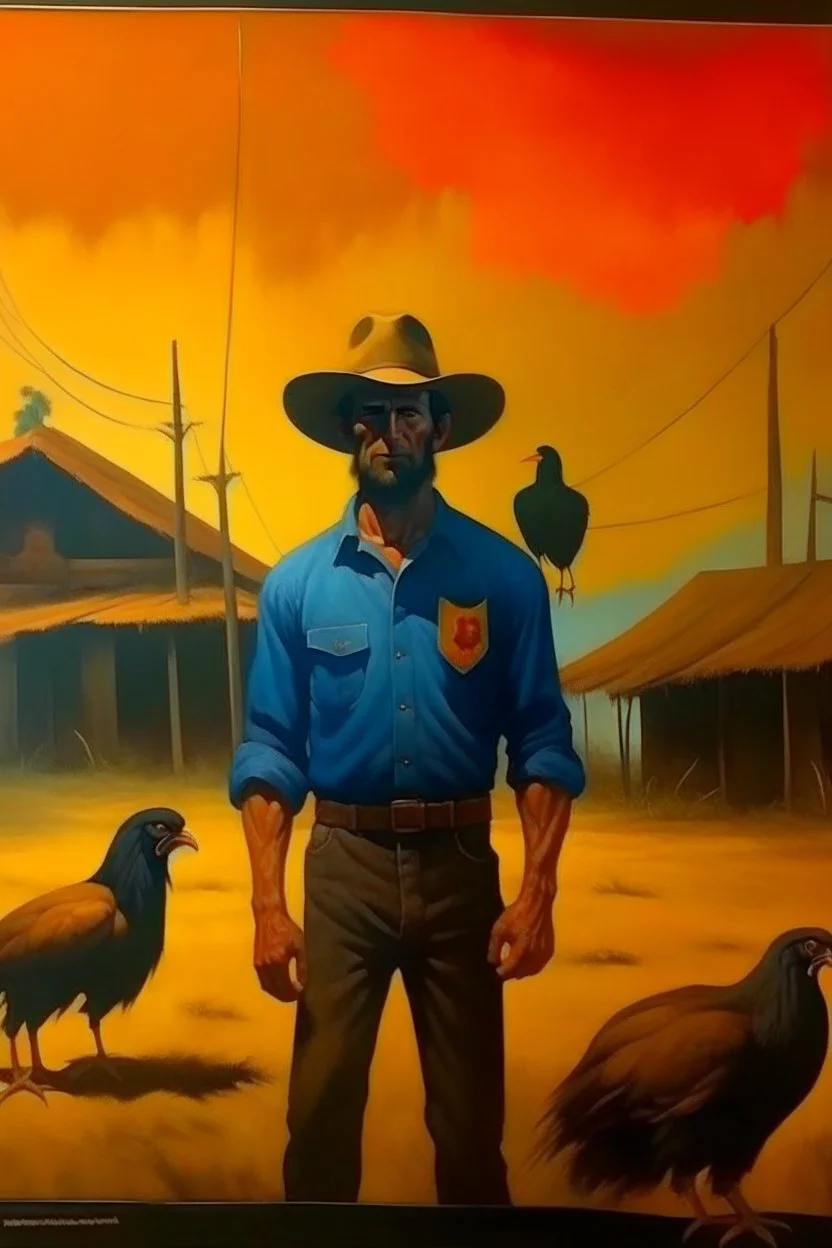 1970's dark fantasy cover dnd style oil painting of a man with chickens cowboy at the country from uruguay with the flag of uruguay with minimalist far perspective.