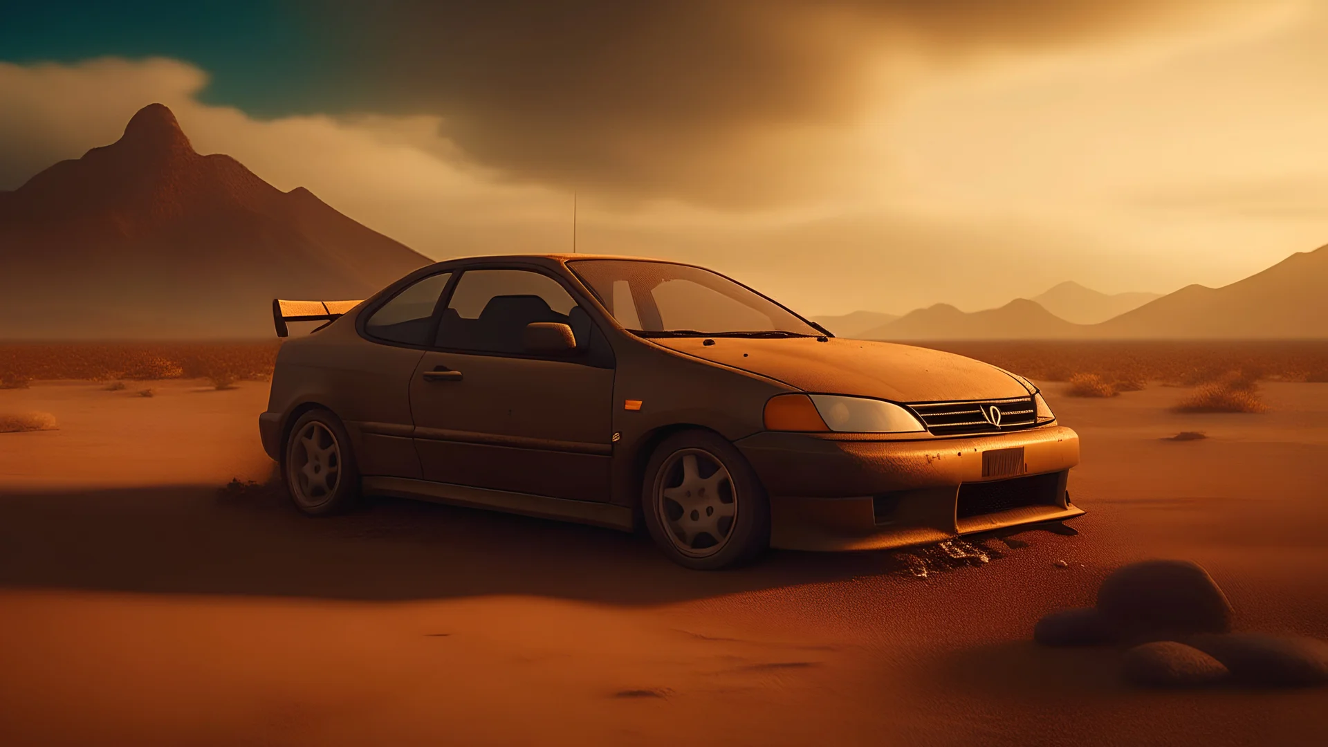 Capture a stunning and realistic photograph featuring a 1998 black and rusty Honda Civic in a post-apocalyptic desert road enveloped by a sandstorm. Employ a post-apocalyptic photography style to authentically depict the rugged and desolate atmosphere. Ensure the scene vividly evokes the essence of a transformed world, with the weathered Honda Civic standing resilient amid the harsh conditions of the desert and swirling sandstorm.