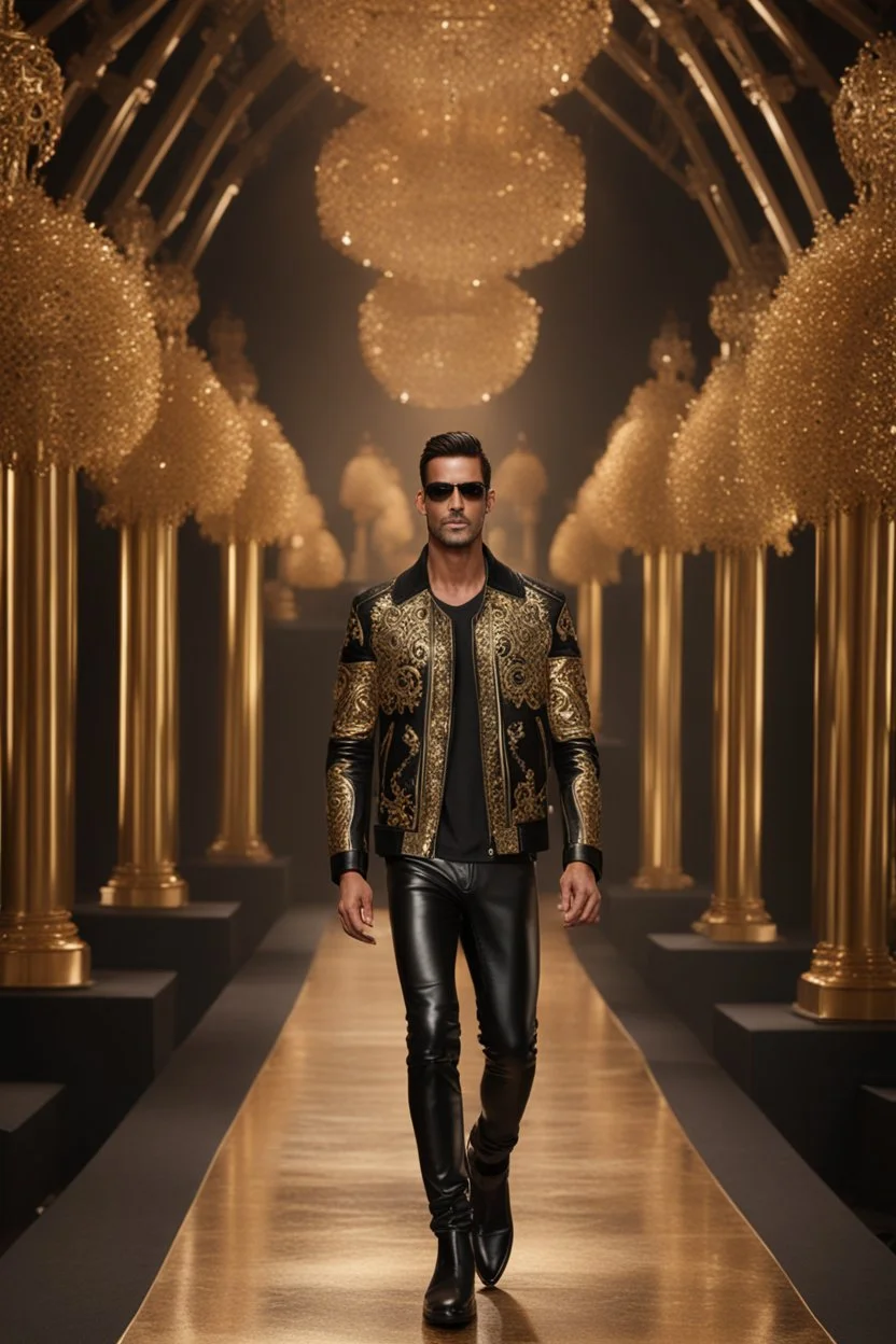 Photography Full body modeling man on fashion show using A high detailed 3d render of a black and gold ornaments long black leather jacket.