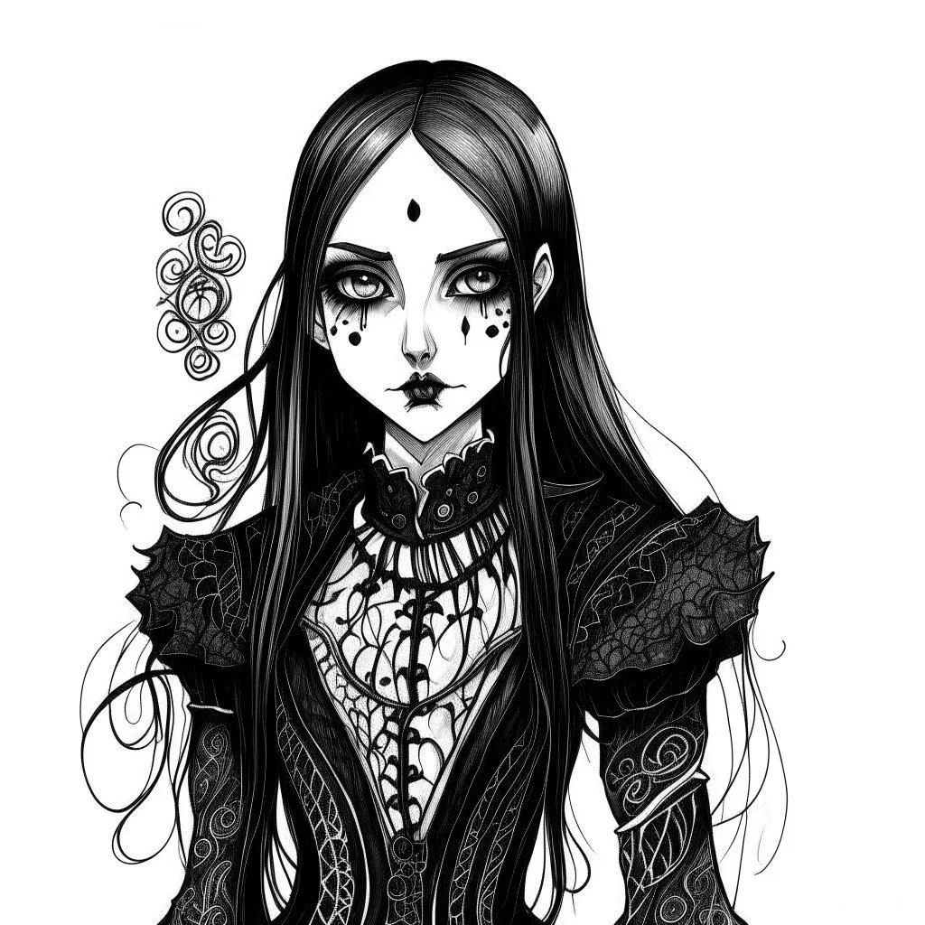 A black and white drawing, a goth