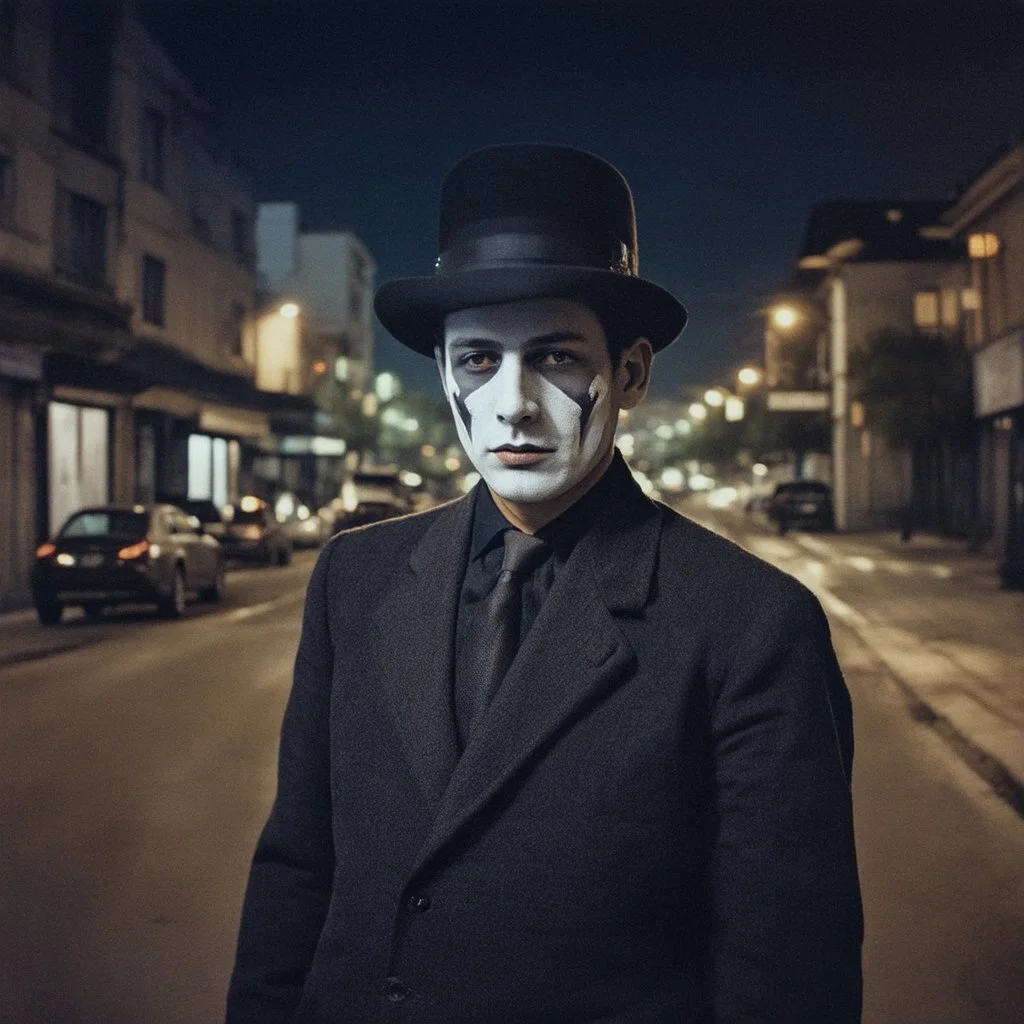 very grainy discolored modern photo, closeup portrait, dark night street, grunge, male with chalk-white skin, 1910's costume