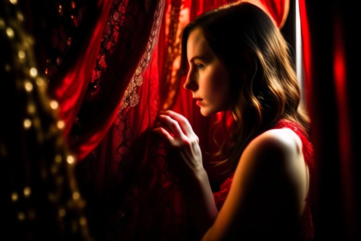 A beautiful brunette woman looks out from behind a red lace and silk curtain, holds the curtain with one hand and pulls it away in sunshine, watercolor and black ink outlines, sparkling golden glitter, ethereal, cinematic postprocessing, bokeh, dof