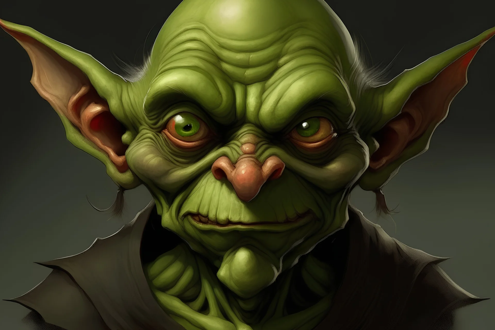 The mythical creature known as the Goblin is a small, humanoid being that stands approximately three feet tall. Its overall appearance is that of a human-like figure, but with some distinct differences. The head of the Goblin is large and round, with two beady eyes that are often colored green or red. The nose is flat and wide, while the mouth is filled with sharp, pointy teeth. The ears are large and pointed, adding to the otherworldly appearance of this creature. As for clothing or fur, the