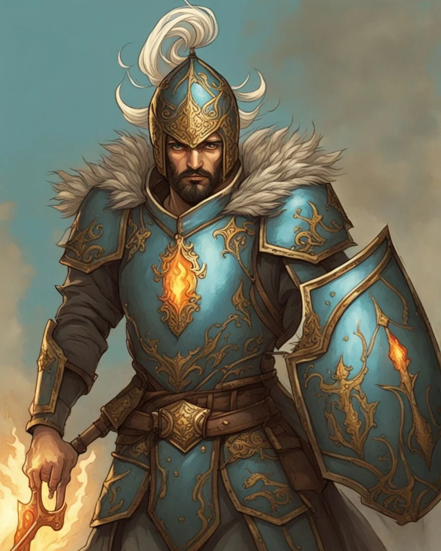 An iranian commander with flaming eyes with flaming light blue pupils with stubble An armor made of a mixture of steel and leather, worn by a strong commander with magical power stands atop a squire