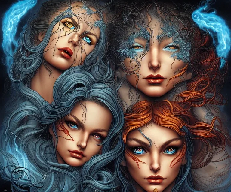 Four doll divine representing each one the four elements: Fire: Earth: Air: Water. Mark Brooks and Dan Mumford, comic book art. Detailed photograph. Insanely intricate face, hair lashes. Fantasy art album cover HD resolution