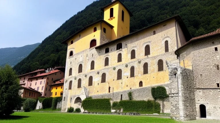 Huge medieval monastery at the top of a hill in northern Italy