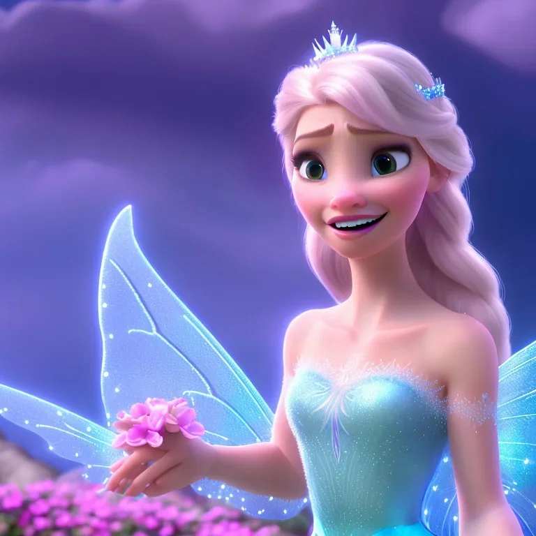 Fantasy fairy with transparent wings, smiling, make up, long platinum blond hair with crown and flowers, blue dress