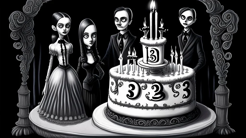 draw a birthday cake with logo number 23 or one candle 23 .Insanely detailed Addams Family movie still with Barbie dolls, art by tim burton