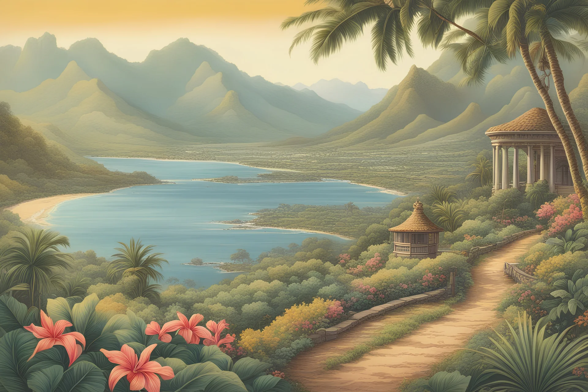 a beautiful vintage aqaurelle hawaii with landscape scene ,Detailed image, Wonderful masterpiece, high detail, Vibrant details, line art, balanced