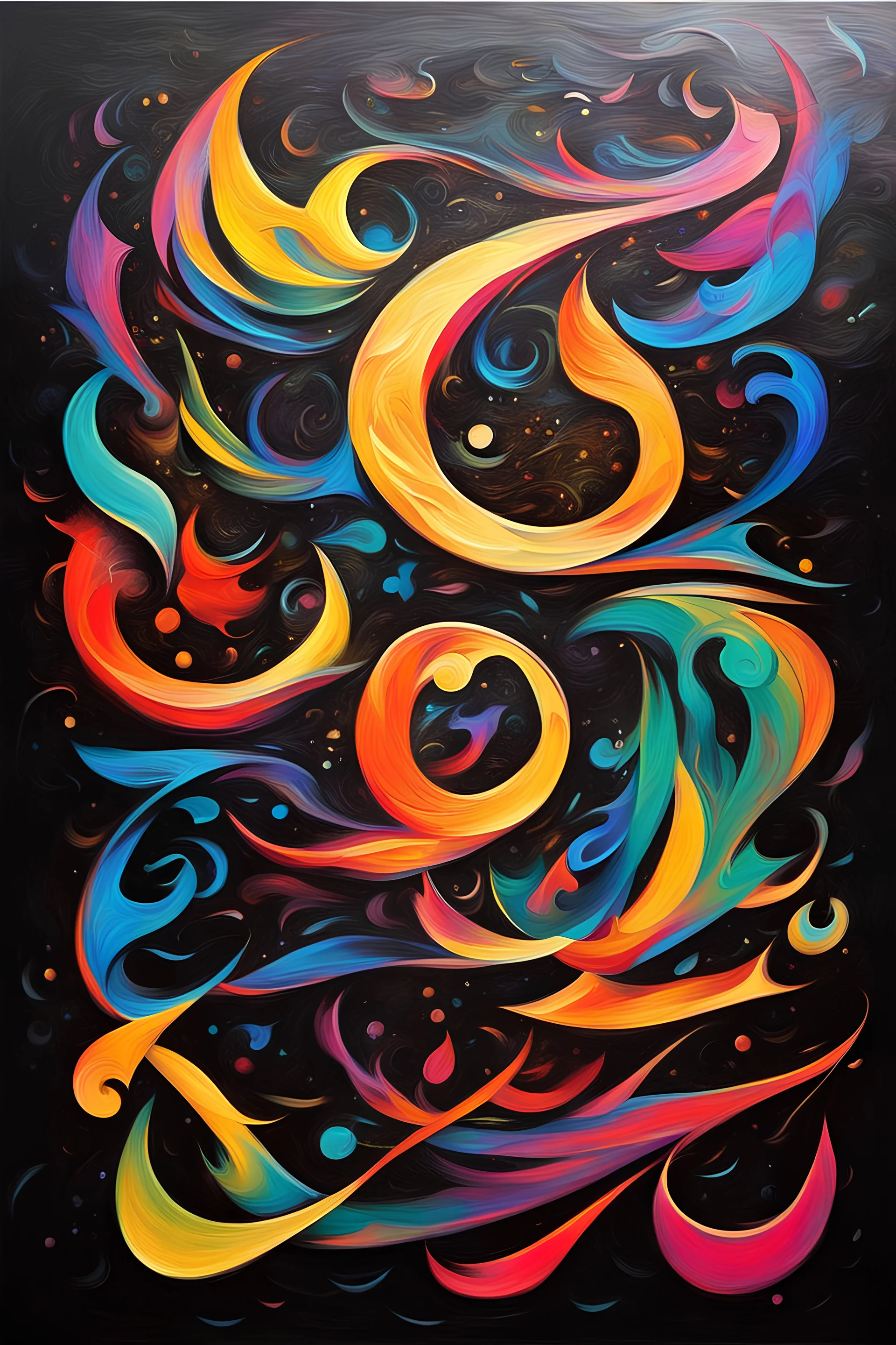 create Islamic calligraphy in oil painting in multicolor abstract style on black background 50% on top 50 % breathing spacese