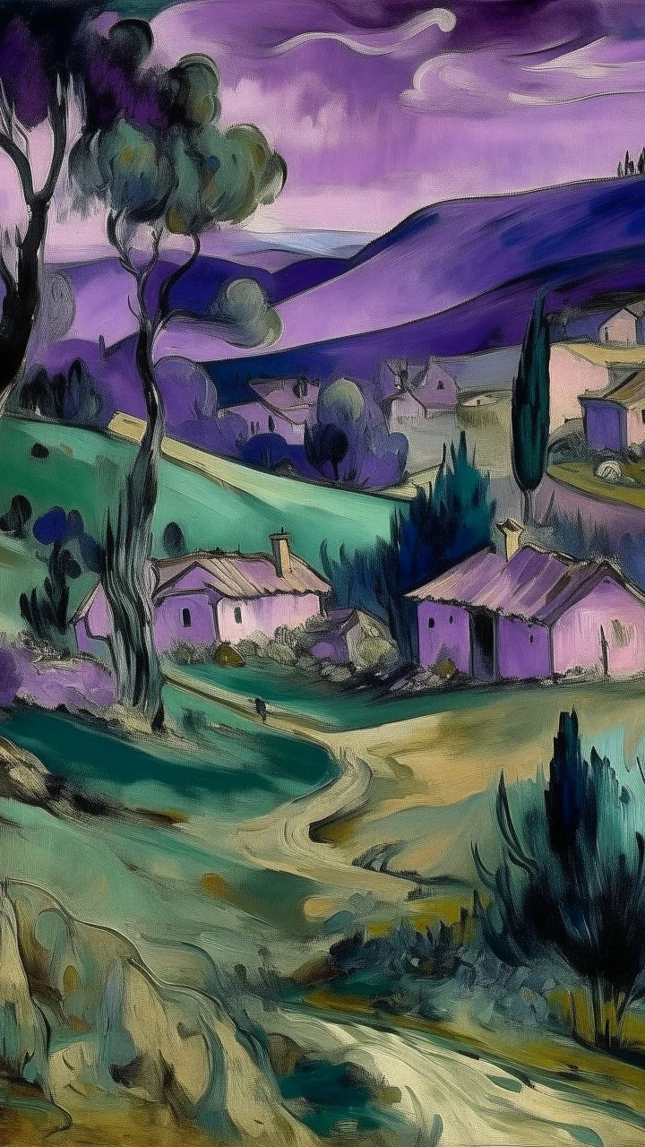 A purple haunted abandoned village covered in ectoplasm painted by Paul Cezanne