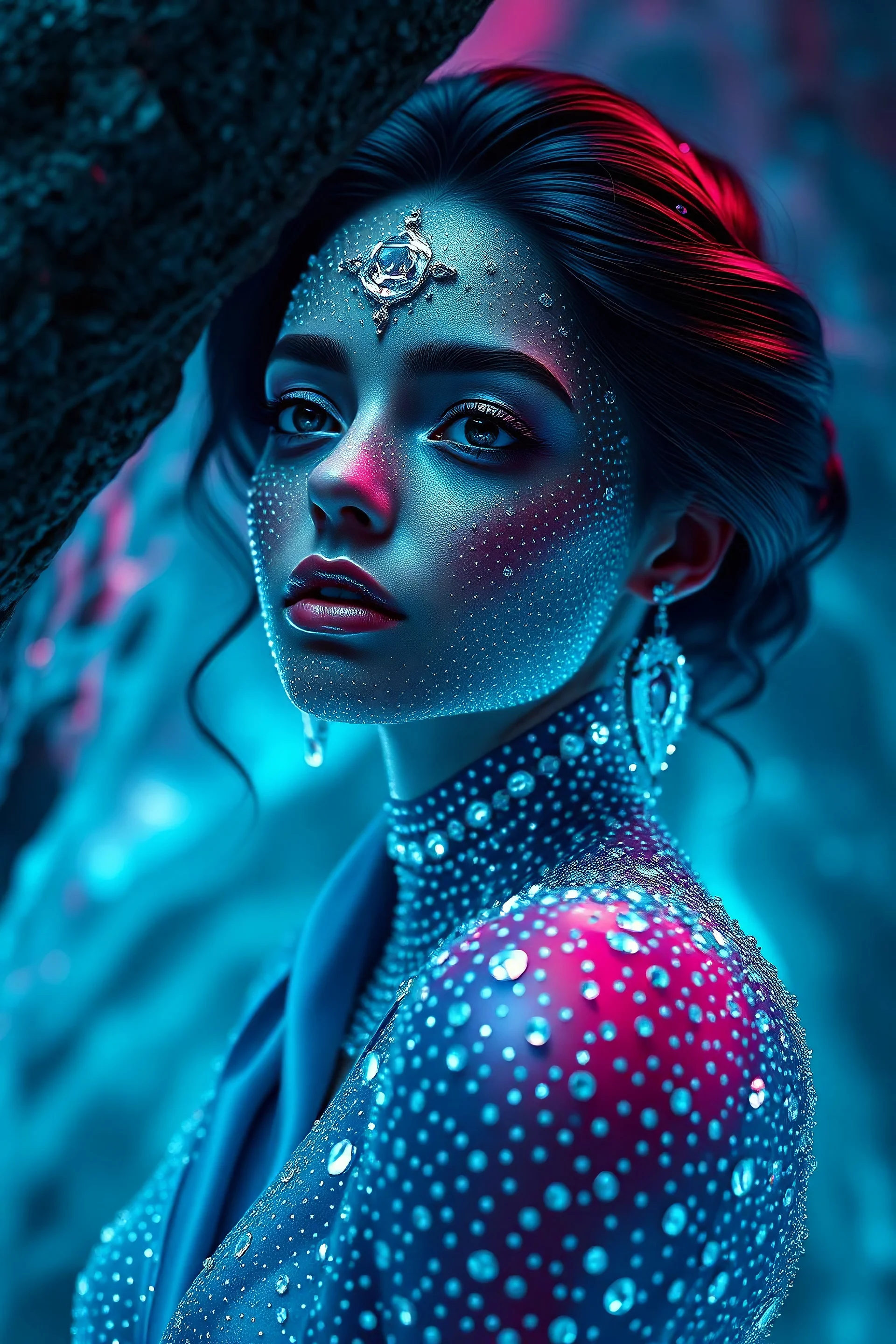 Gorgeous woman created from diamond, silk, diamonds, gems, sparkling dots, in crystal cave background, style Darek Zabrocki, magic realism, gradient colors, cinematic lighting, bokeh, Ultra-detailed Quality 3D, 3d render octane, Unreal engine 5 effects, VFX, Isometric, Made in blender, 8k sharp focus, cinematic, ultrahd, highly detailed, ultra photorealism fantasy