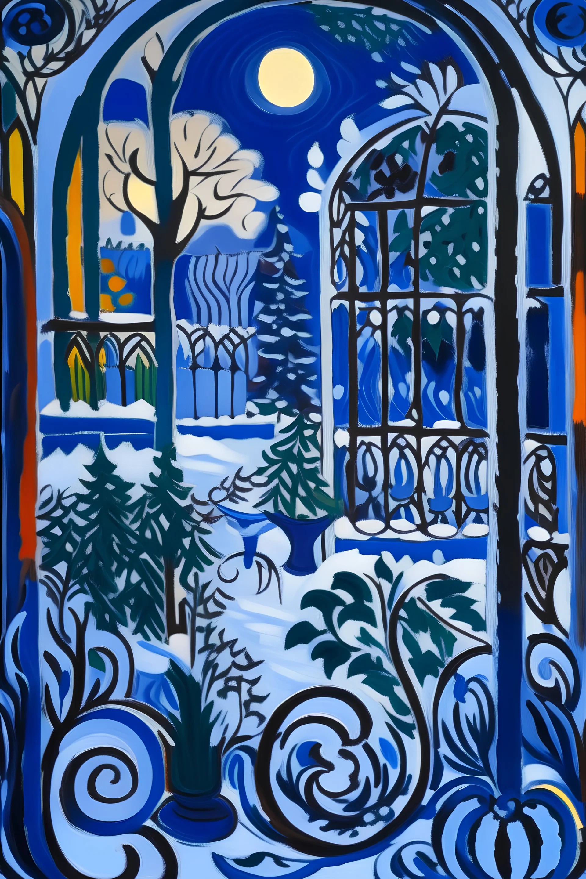 Snowy garden at twilight painted by Matisse