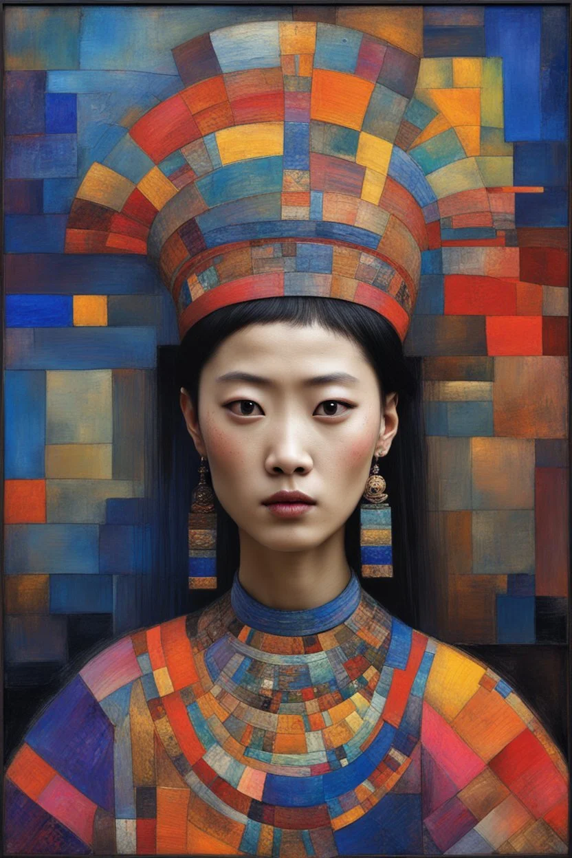 gorgeous portrait of a beautiful ancient princess. “Hmong Textile Patchwork Fashion Model" By Enki Bilal & Paul Klee & Jennifer Lommers & Hans Hartung & Meghan Duncanson & Mark Rothko & Dee Nickerson & Victor Brauner & Didier Lourenço & ∞ Modifiers: no text Colorful Oil On Rainy Night Canvas Unstructured Maximalism Novelty architecture internally decorative Crepuscular Luminosity Hyper-Structured Minimalism show objects in great details and accuracy Legit emotional reactions perfect body coordin