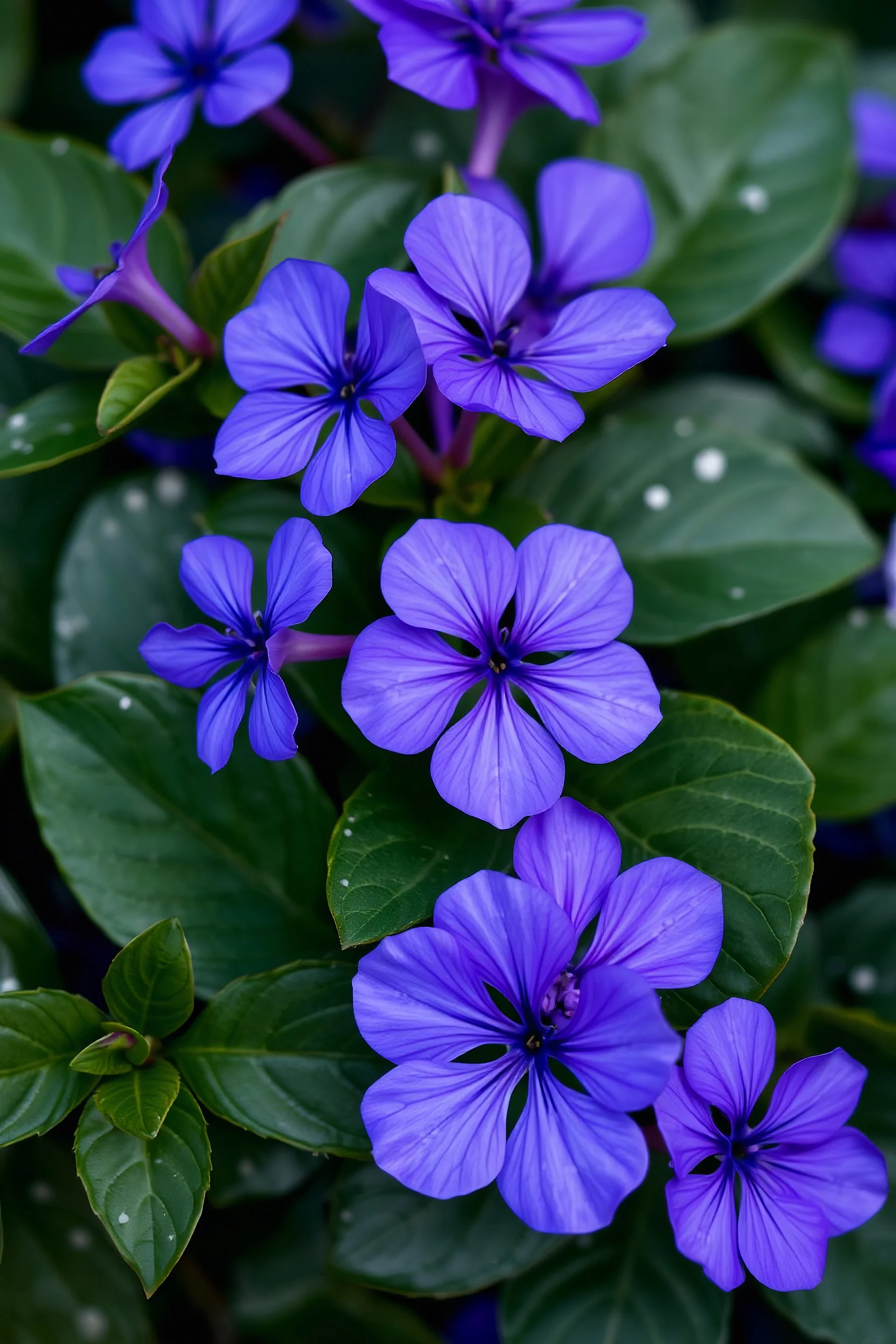 wallpaper background violet blue flowers green leaves white spots