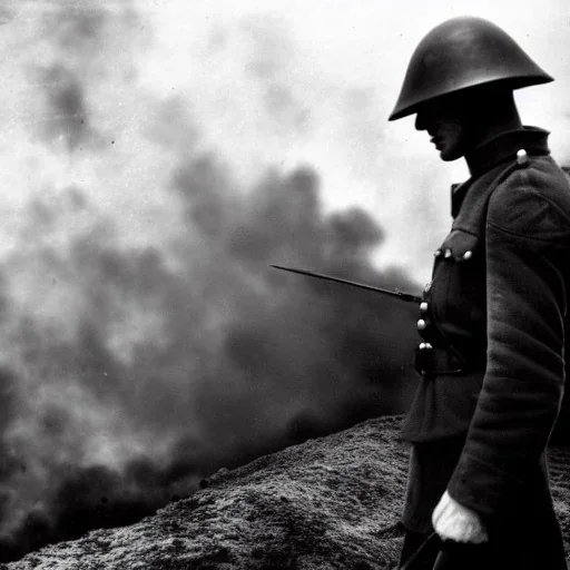  WW1 Era Soldier looks at a battlefield that is on fire