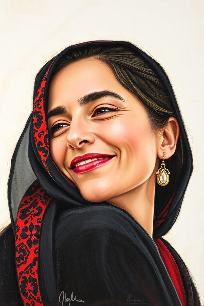 Palestinian woman with a beautiful face, turning her face slightly to the right, with a beautiful smile, and her mouth closed, not showing her teeth, she looks drawn with oil paints