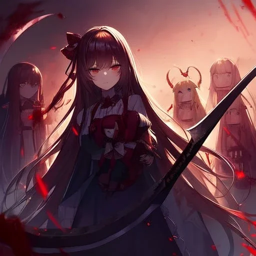 long hair, blood, Doll, scythe,