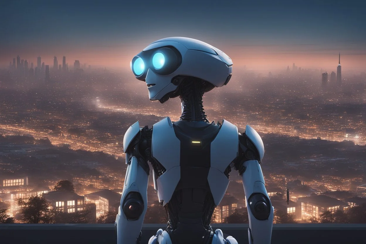 Humanoid robot looking out over an alien town skyline at dusk