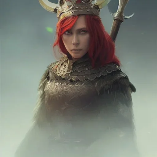 highly detailed portrait viking queen art, anime, red hair, green glass steel armor, cinematic lighting, 4k, 8k, octane render, digital concept art, greg rutkowski, trending on artstation, pinterest, extremely detail, 8k, ambient lighting.