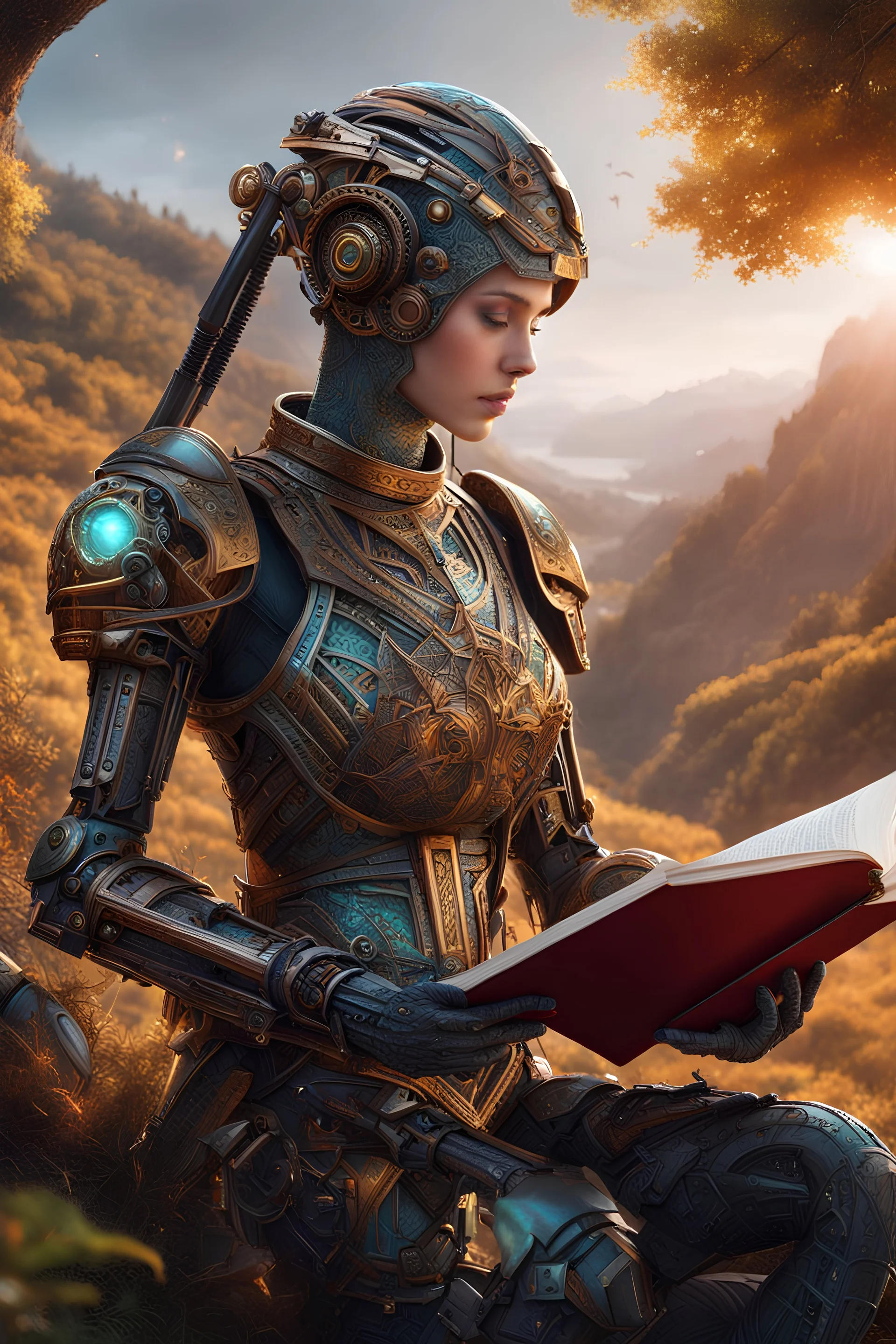Mechanical android reading from a book to a girl in the nature. Very detailed scene with intricate details . Concept art. Sharp focus . Iridescent colors with intricate details. UHD drawing, pen and ink, perfect composition, beautiful detailed intricate insanely detailed octane render trending on artstation, 32k artistic photography, photorealistic concept , perfect light