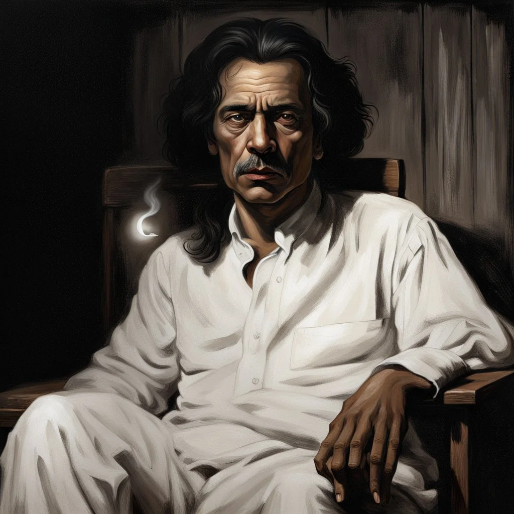 Hyper Realistic Jaun Elia Poet Sitting A Wooden Chair In His Dark Room Writing Poetry With Cigarette In His Other Hand On A Rustic Table With Moonlight Rays coming from Window At Dark Night With Cinematic & Dramatic Ambiance.