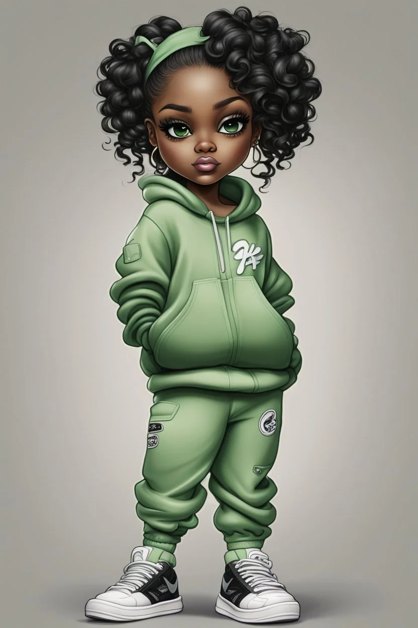 Create an airbrush image of a curvy chibi cartoon black female wearing a light green jogger set and black sneakers. Prominent make up with hazel eyes. Extremely highly detailed of messing curly bun