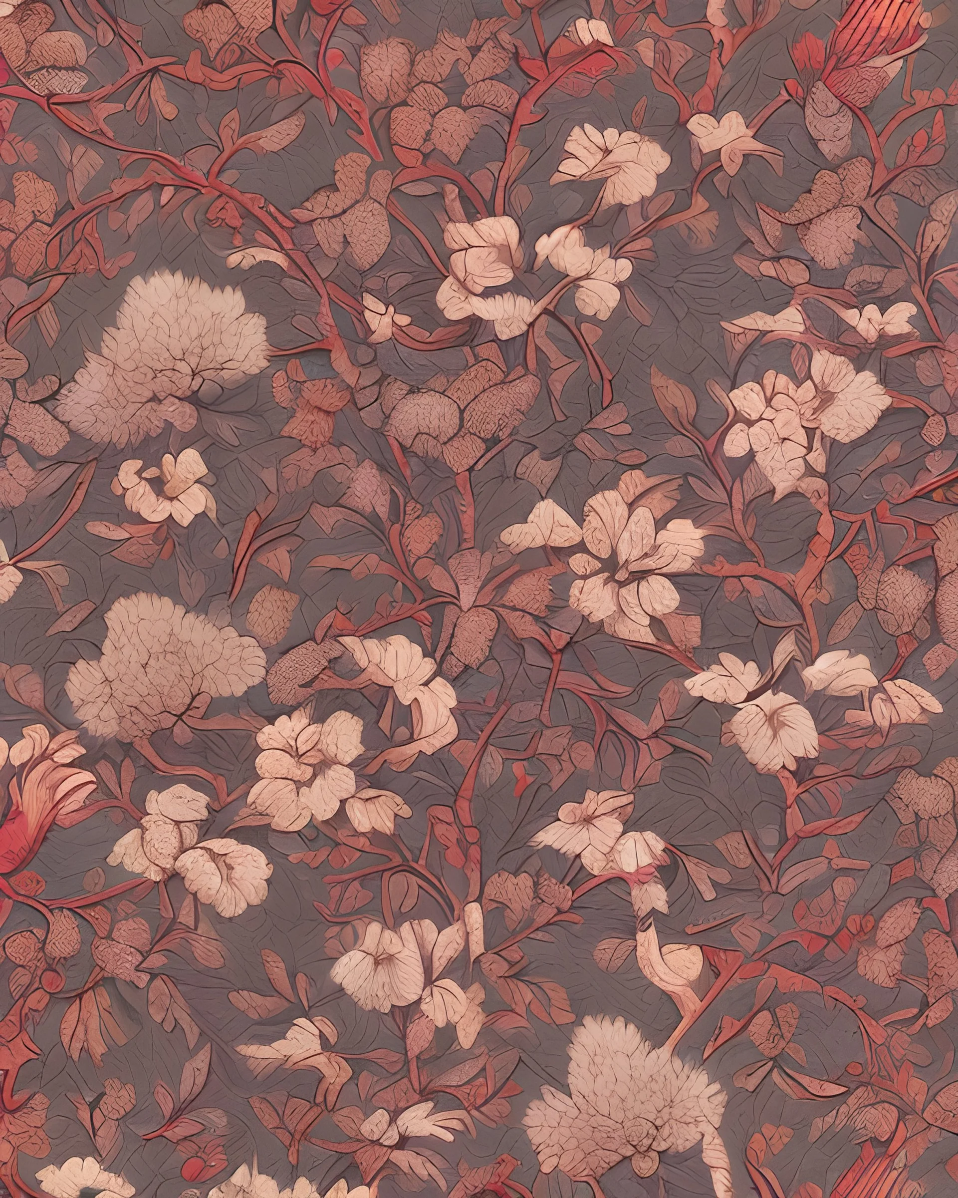 repeating pattern of Dodo bird combined chinoiserie inspired cherry tree blooms landscape to generate William Morris like wall paper