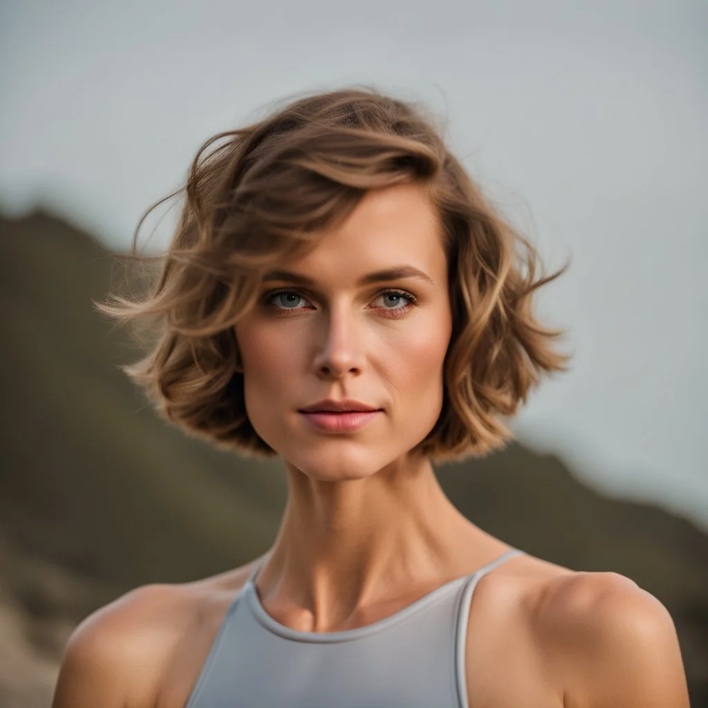 beautiful woman, standing frontal, short silver triathlon swimsuit, wavy bob haircut, photographed in front of beach, raw